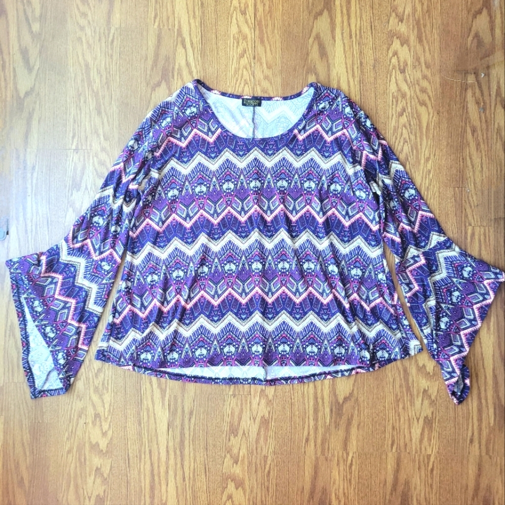 Forbidden Society Purple Multicolor Chevron Women's Tunic Bell Sleeves XL
